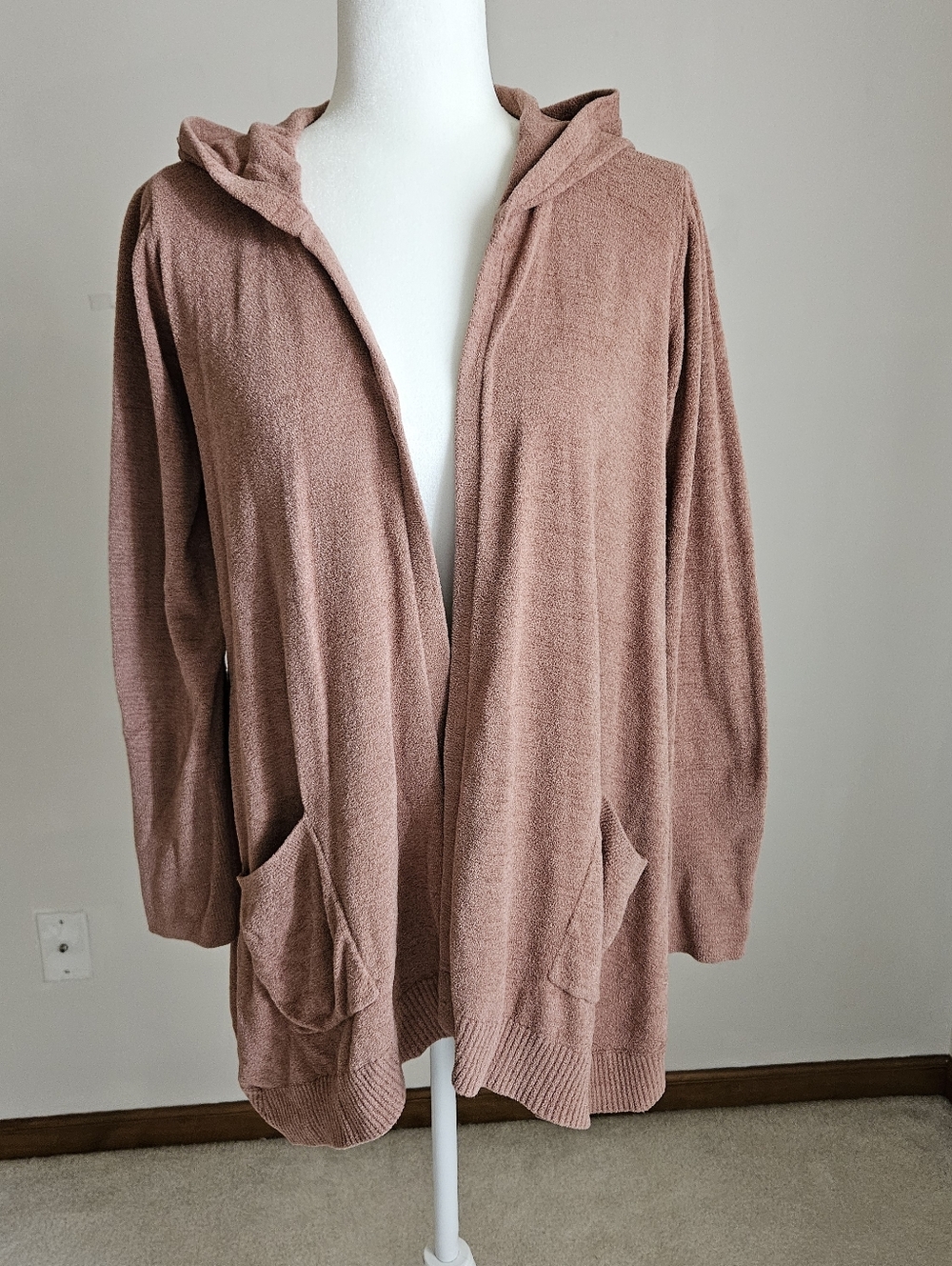 Barefoot Dreams M Cozychic Ultra Hooded Cardigan Pockets Dk Rose Beachy Coverup